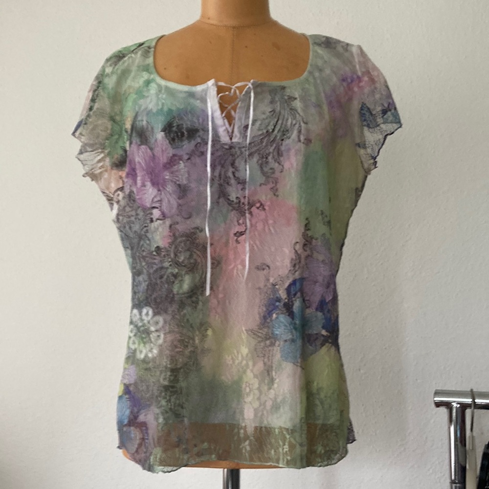 Y2K pastel lace overlay with ties scoop-neck top